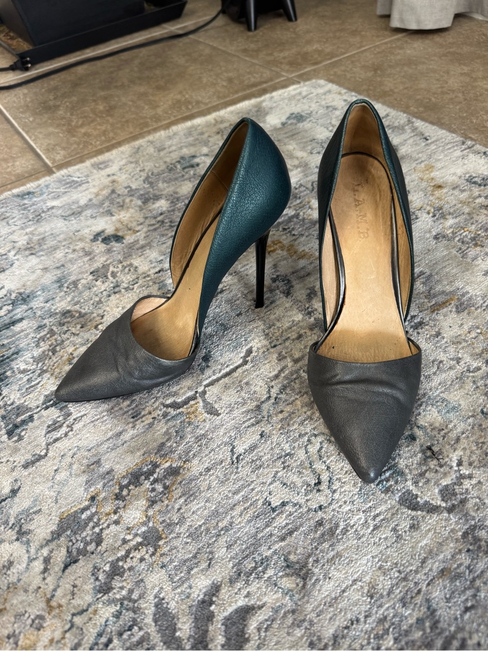 L.A.M.B. Two-Tone Pointed Stiletto in Teal and Charcoal